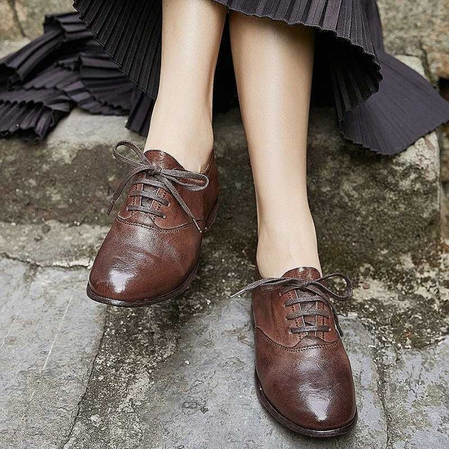 Dwarves Round Toe Oxfords For Women Horse Leather Lace Up Derby Shoes In /