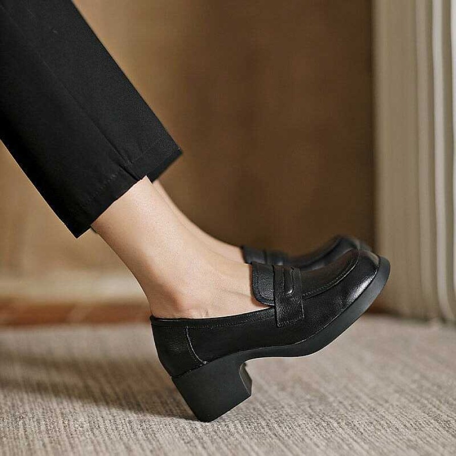 Dwarves Round Toe 50Mm Block Heel Leather Penny Loafers For Women In /