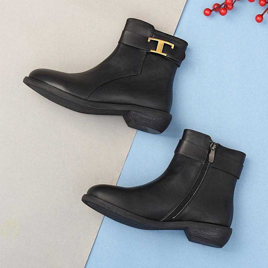 Dwarves Wide Fit Handmade Genuine Leather Round Toe Back Zip Low Heels Chic Mid-Calf Boots With Buckles Leather Lining