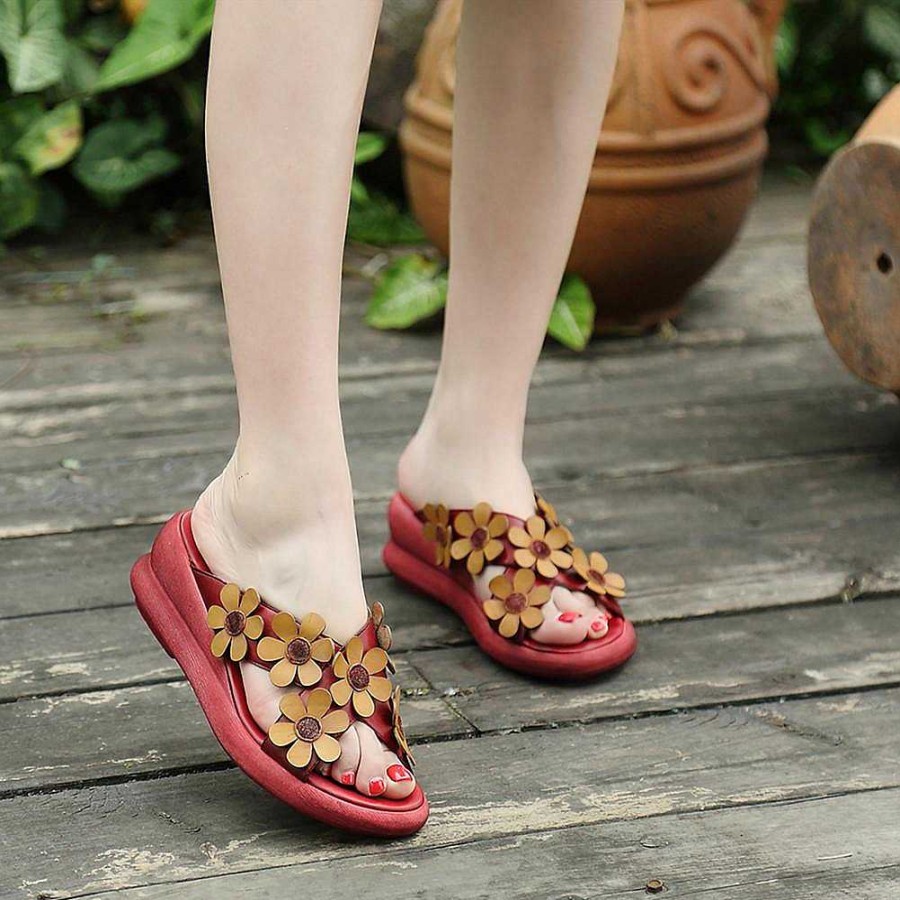 Dwarves Handmade Retro Leather Flowers Slippers Open Toe Platform Sandals /