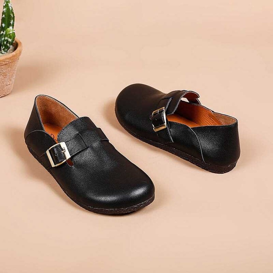 Dwarves Soft Leather Flat Slip On Loafers For Women Buckle-Fastening Monk Shoes In / /