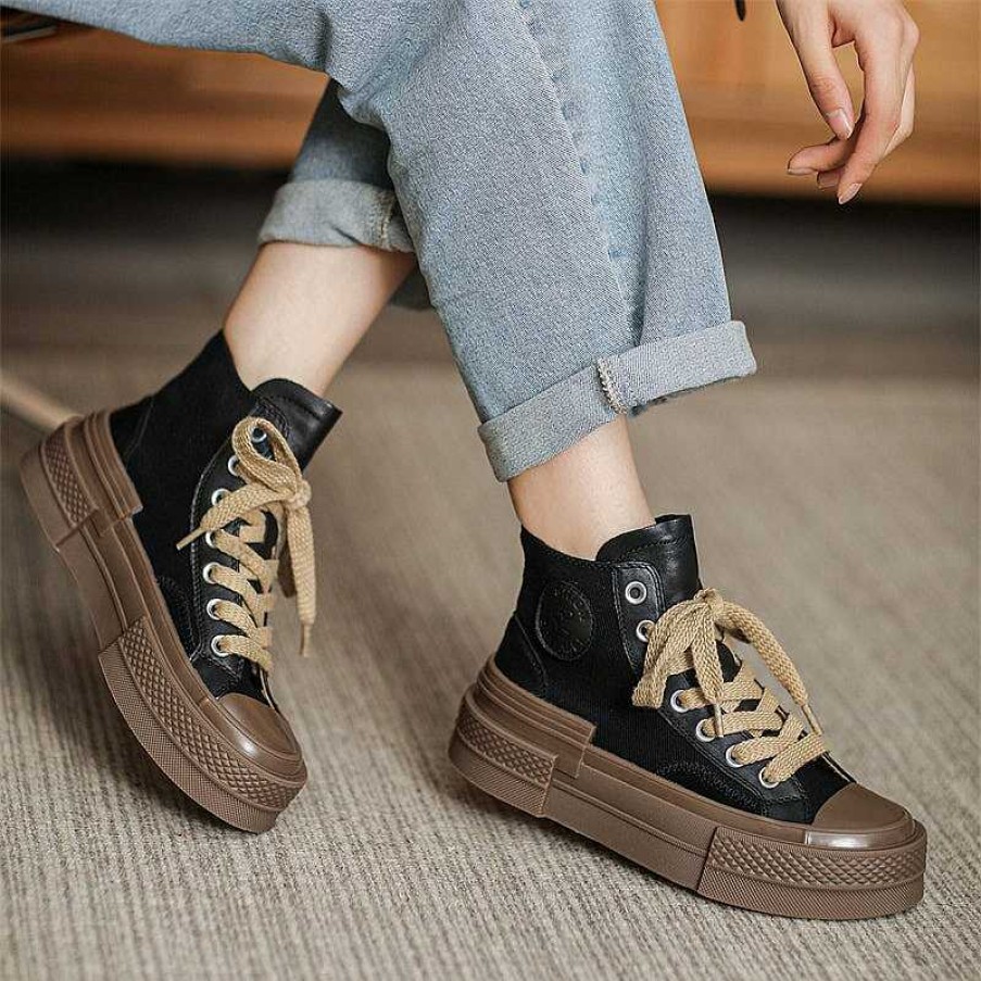 Dwarves High-Top Lace Up Flat Leather And Canvas Sneakers For Women In /