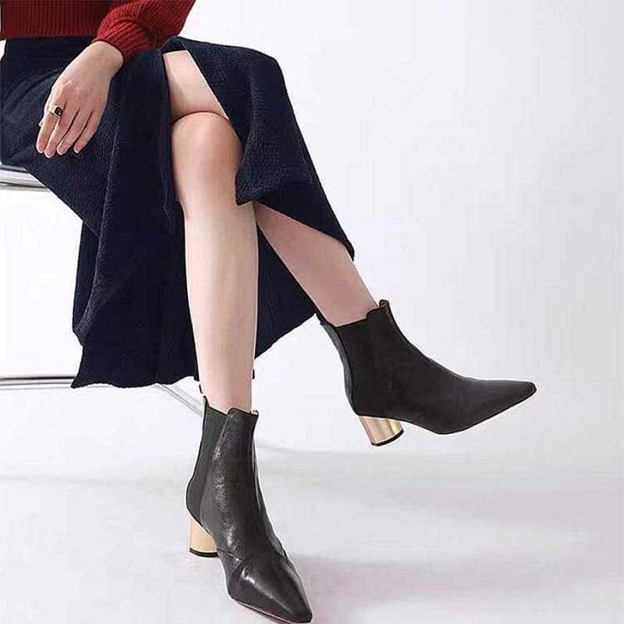 Dwarves Elastic Band Chelsea Boots Pointed Toe Heeled Boots Genuine Leather Pumps Boots/Booties