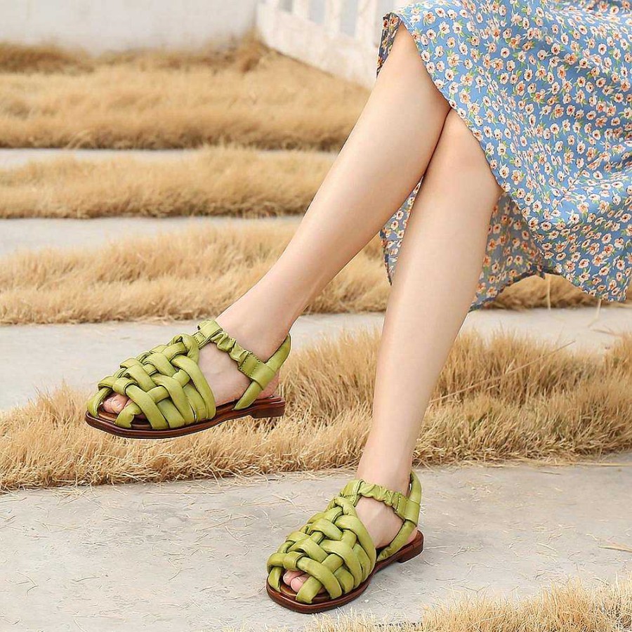 Dwarves Designer Summer Shoes Genuine Leather Gladiator Sandals Knit Retro Flats /Brown