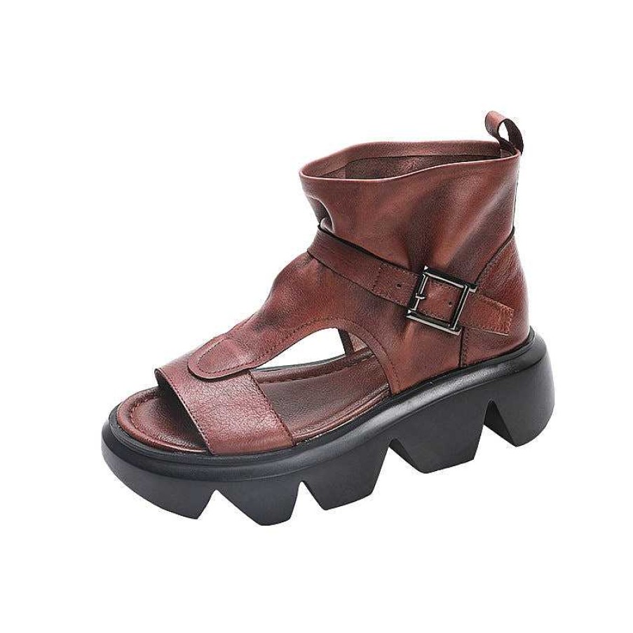 Dwarves Genuine Leather Platform Sandals Boots For Women Peep Toe Buckle Sandals Side Zipper / / /