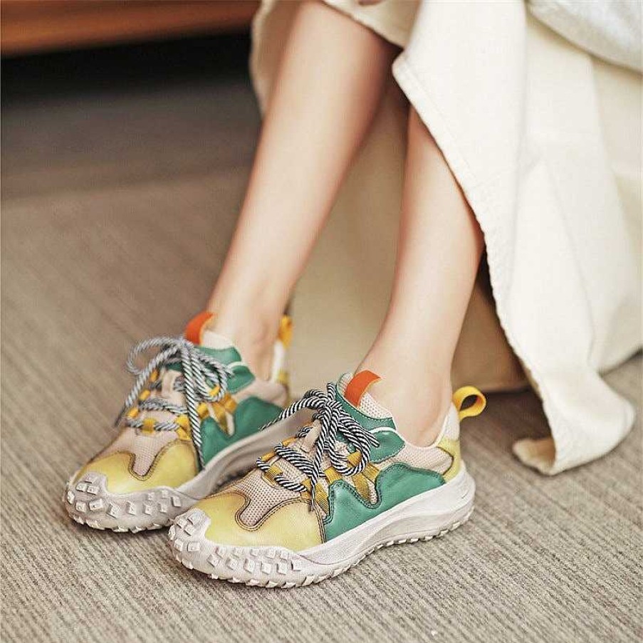 Dwarves Leather Platform Sneakers For Women Tire-Sole Low-Top Lace Up Contrast Color In /