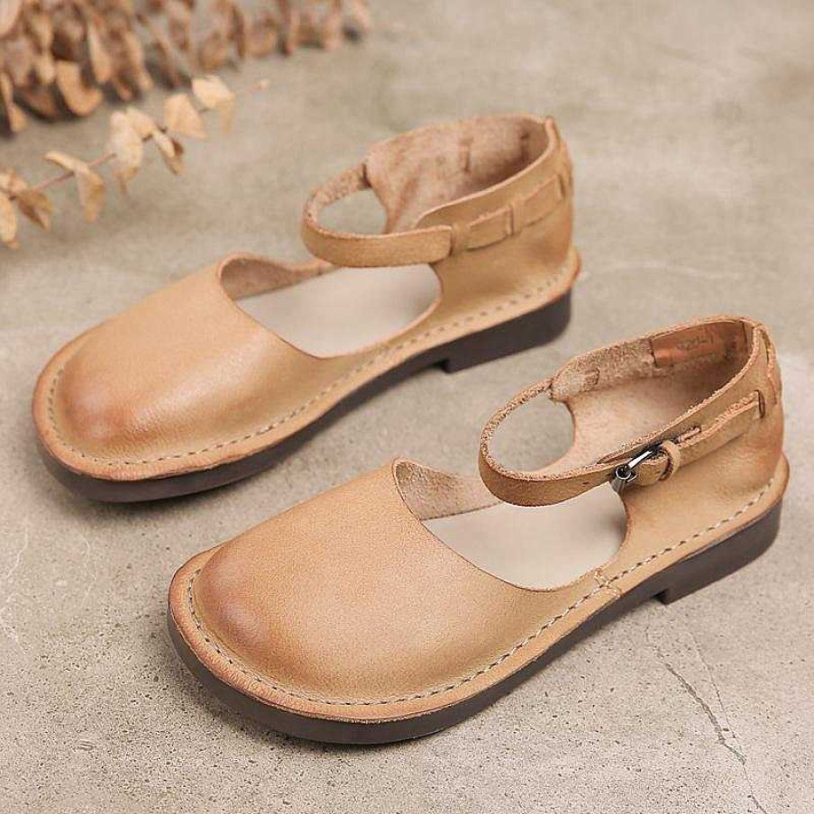 Dwarves Handmade Leather Flat Mary Jane Shoes For Womens Round Toe Retro Buckle Sandals / /