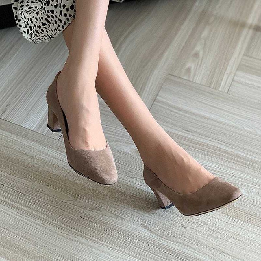 Dwarves Handmade Suede Leather Retro Square Toe Heels Pumps Women Shoes Block Heels Slip On Office Shoes