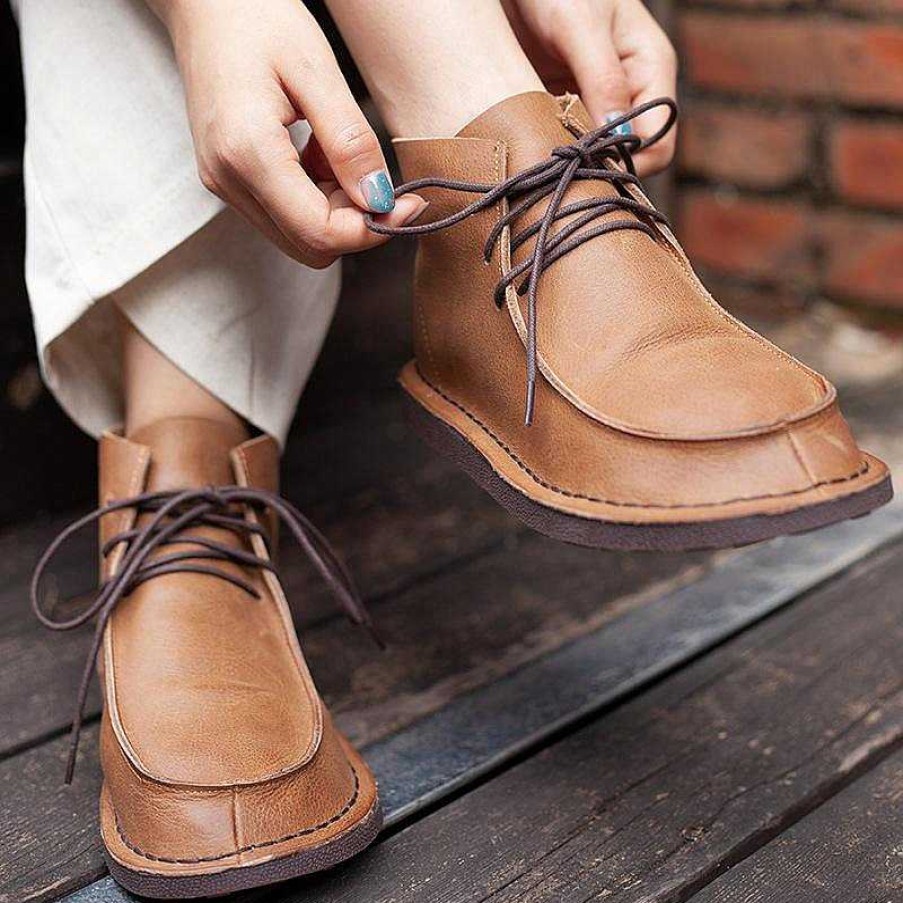 Dwarves Retro Genuine Leather Soft Flat Boots For Women Round Toe Lace Up Mori Girl Style Wide Fit /