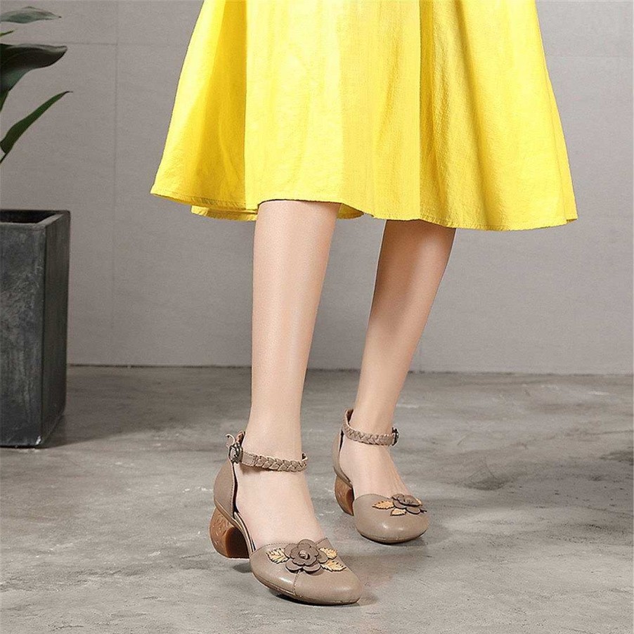 Dwarves Elegant Pumps Women Leather Classic Round Toe Ankle Strap Sandals Thick Heels Green