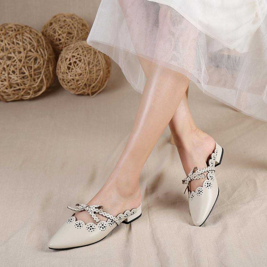 Dwarves Handmade Mules Women Cow Leather Bow-Knot Low Heel Pointed Toe Slip On Lady Flat Shoes Outside Slippers