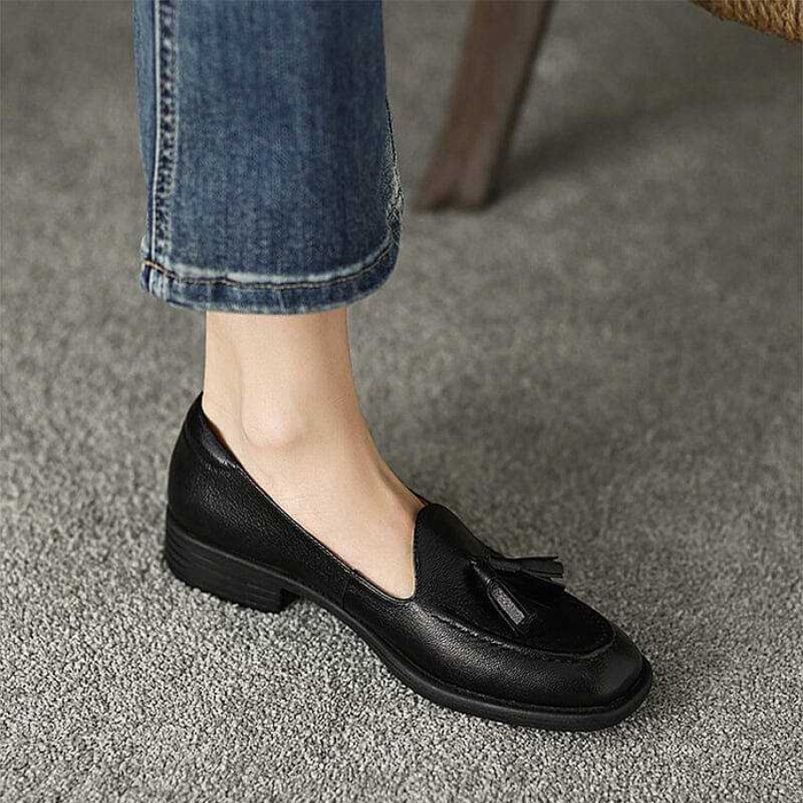 Dwarves Retro Leather Tassels Loafers For Women Square Toe In /