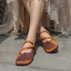 Dwarves Handmade Leather Flat Mary Jane Shoes For Womens Round Toe Retro Velcro Sandals /