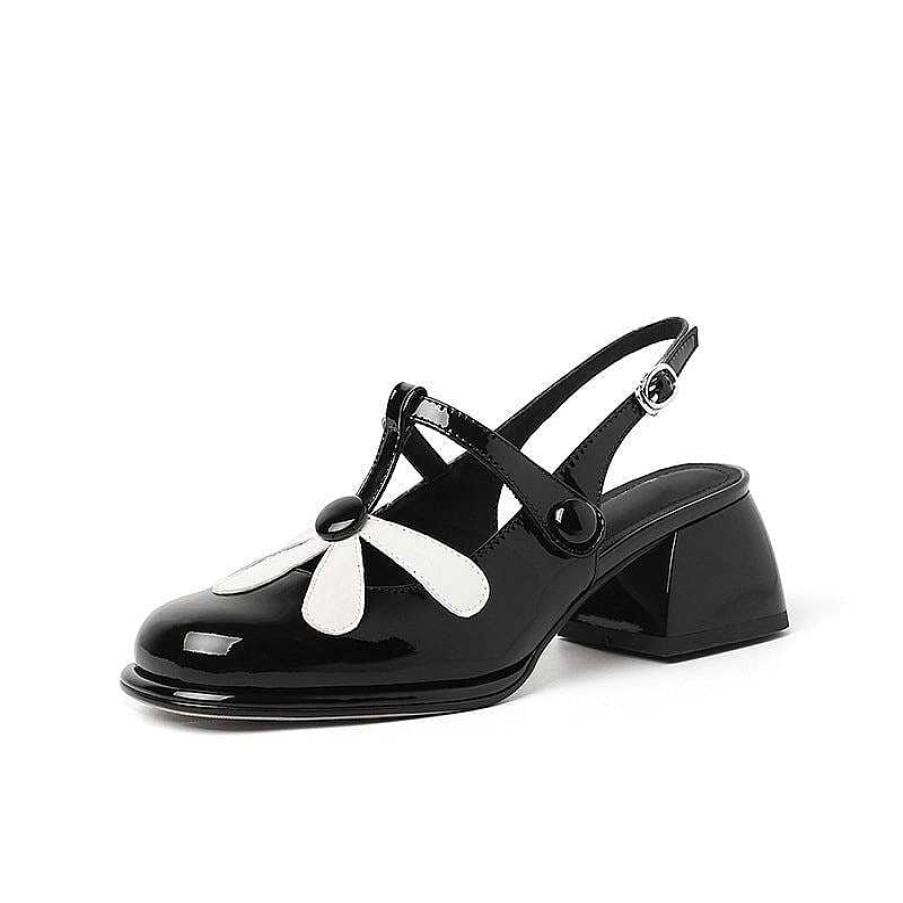 Dwarves Leather T Strap Flower Detail Mary Jane Slingback Sandals Block Heel Square Toe In /