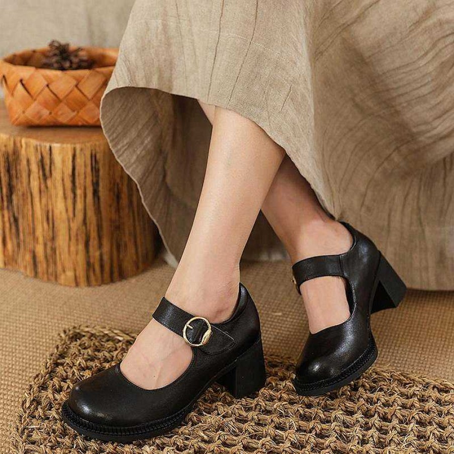 Dwarves Handmade Leather Pumps Mary Jane Heels Sandals Womens Round Toe Retro Velcro Sandals /