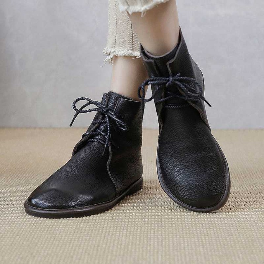 Dwarves Handmade Women'S Leather Booties Round Toe Lace-Up Flat Ankle Boots / /