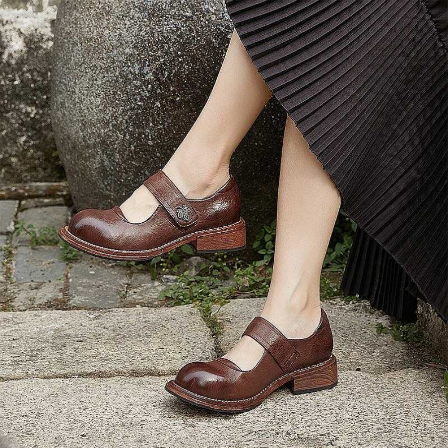 Dwarves Goodyear Horse Leather Shoes For Women Block Heel Mary Jane Leather Sole In