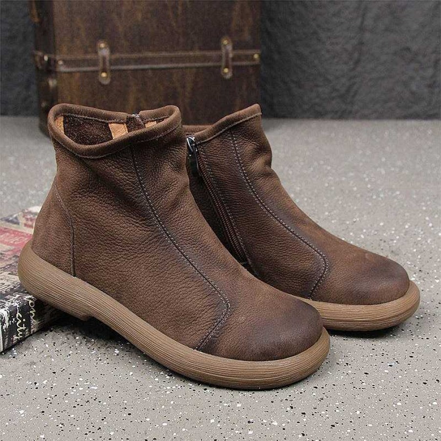 Dwarves Retro Leather Ankle Boots For Women Flat Shoes Side Zipper In /