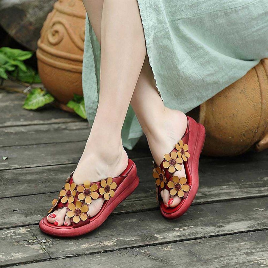 Dwarves Handmade Retro Leather Flowers Slippers Open Toe Platform Sandals /