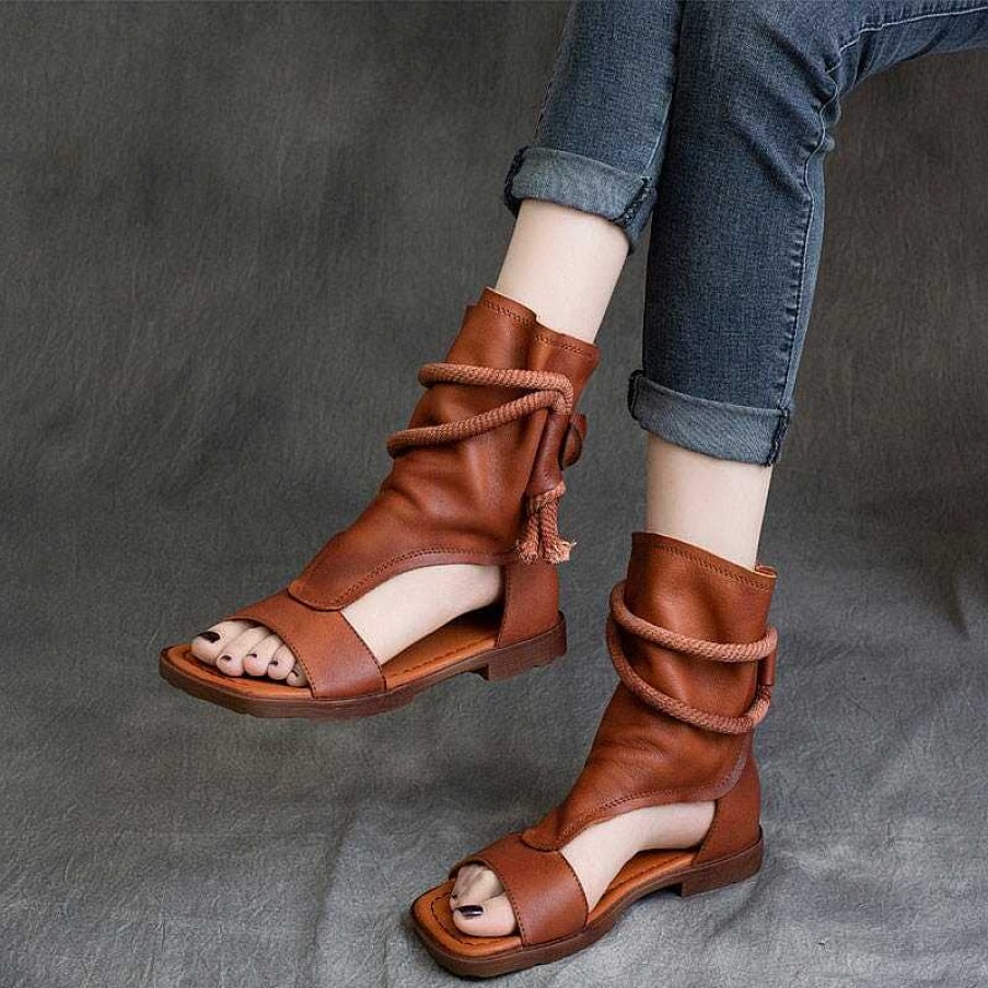 Dwarves Genuine Leather Strappy Sandals Boots For Women Peep Toe Back Zipper Flat Gladiator Sandals / /