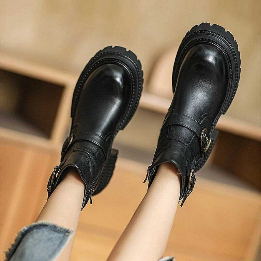 Dwarves 50Mm Platform Boots Classic Women'S Leather Chelsea Boots Double Buckle In