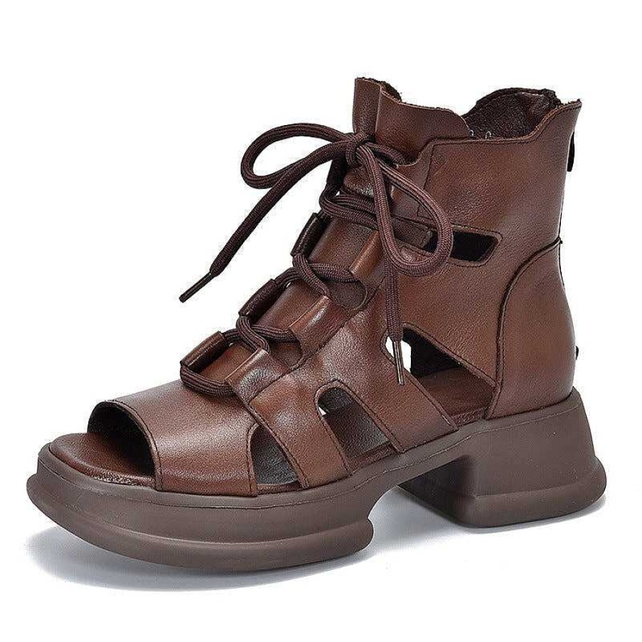 Dwarves Genuine Leather Platform Sandals Lace Up Retro Peep Toe Gladiator Sandals In /