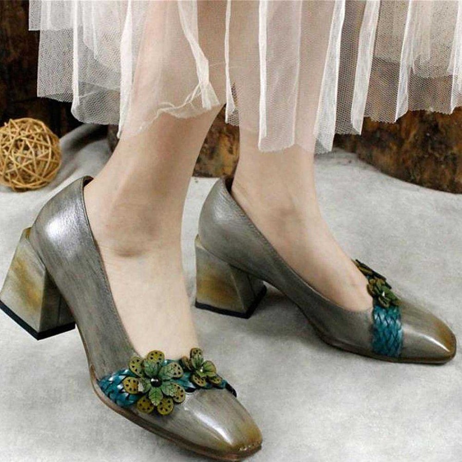 Dwarves Handmade Calf Leather Pumps Women Square Toe Flowers Chunky Heel Platform Shoes